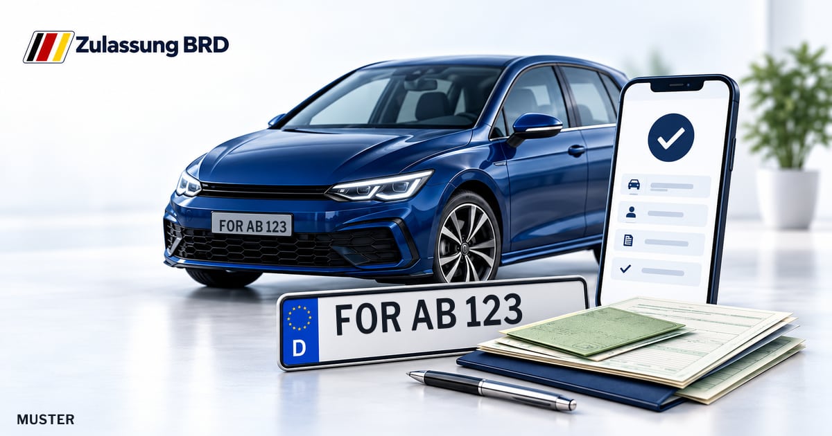 Online Fahrzeugzulassung in Landkreis Spree-Neiße: Musterkennzeichen FOR AB 123, Auto und Fahrzeugpapiere und Smartphone. Illustration mit Logo von Zulassung BRD.